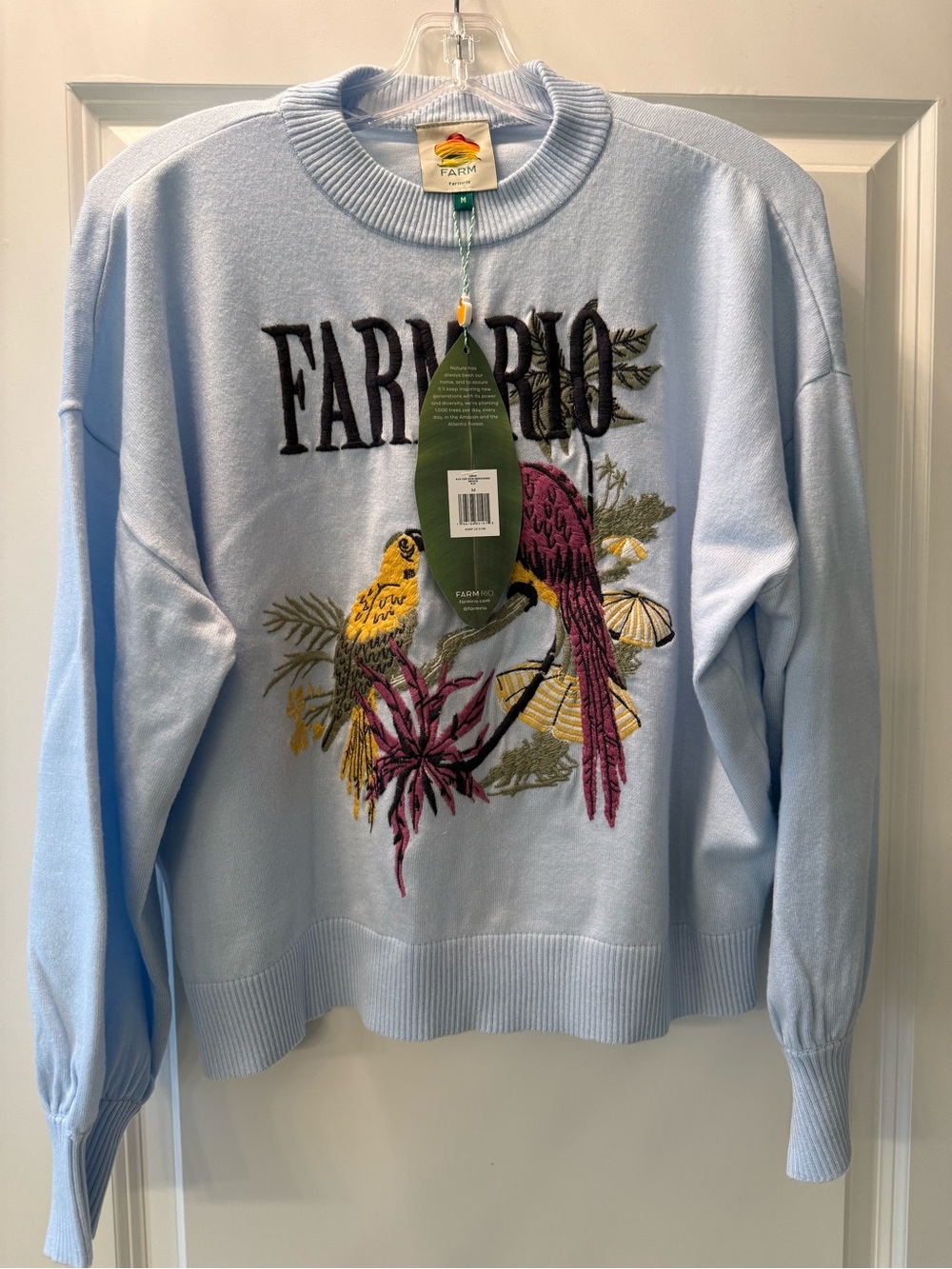 FARM Rio Pastel Blue Sweater with Pink & Yellow Embroidered Parrot Graphic NWT - Picture 5 of 6